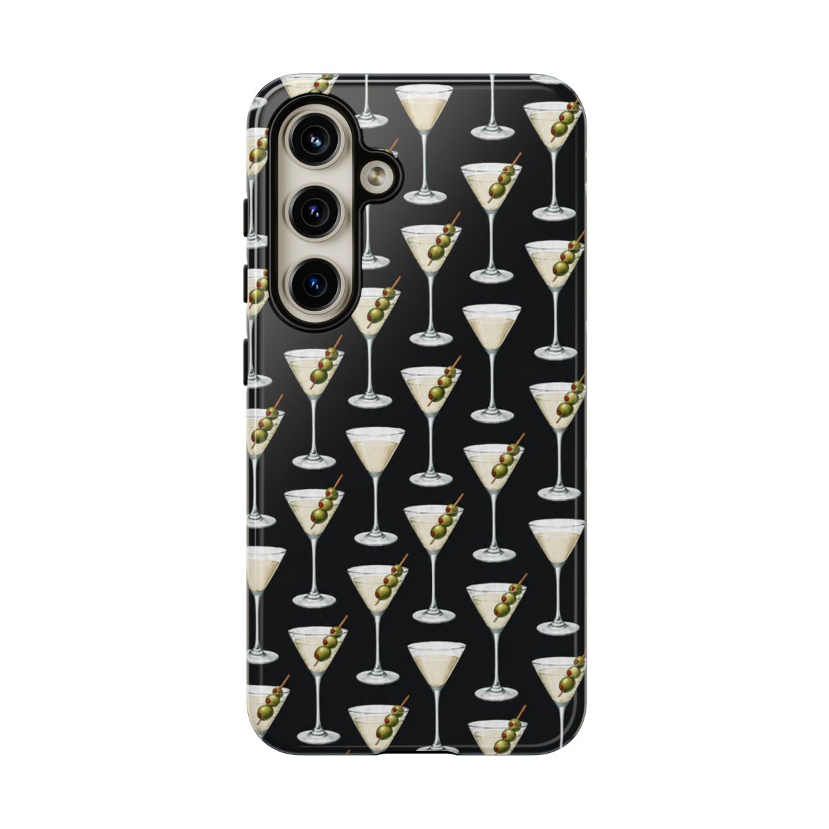 Martini Olive Pattern phone case | Cocktail Glasses, Black Background | Ashtin Earl Merch