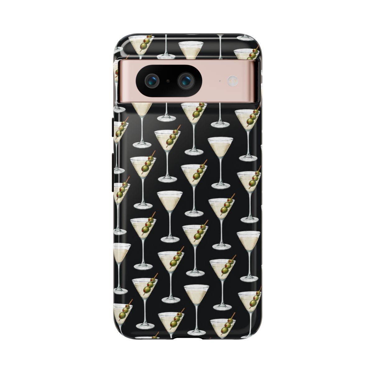 Martini Olive Pattern phone case | Cocktail Glasses, Black Background | Ashtin Earl Merch - alternate angle 1, merchandise