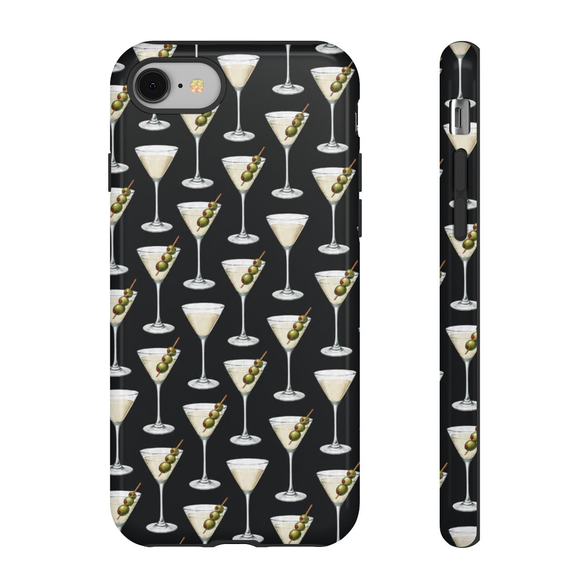 Martini Olive Pattern phone case | Cocktail Glasses, Black Background | Ashtin Earl Merch - alternate angle 1, merchandise